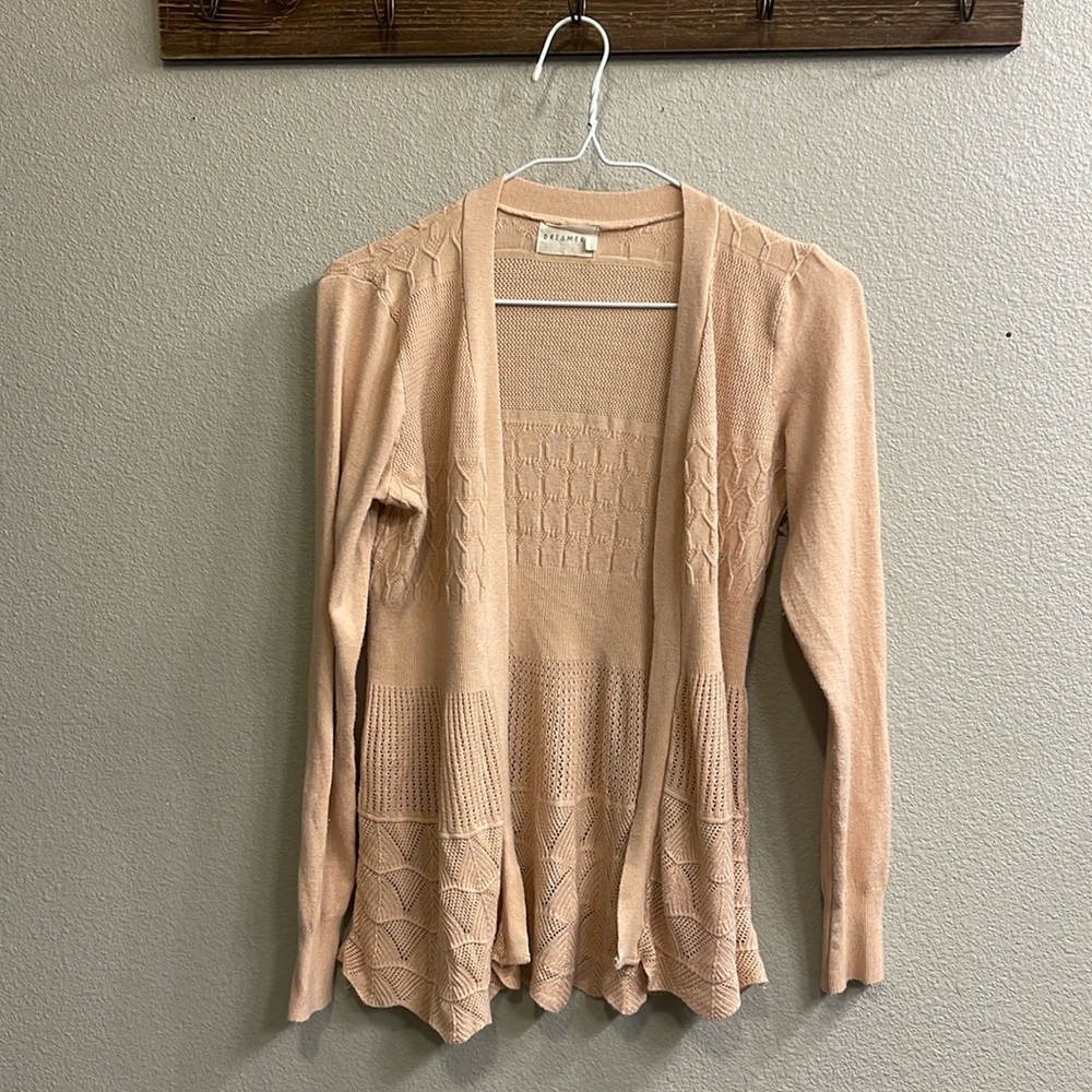 Dreamers Peach Open Front Cardigan Sweater Scalloped Hem Textured Knit Size L